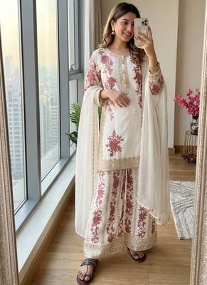 White georgette readymade suit with embroidery & sequence work 1