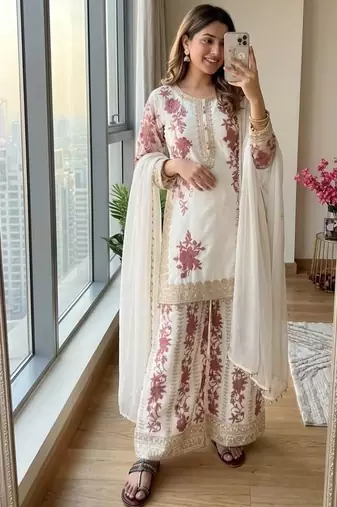 White georgette readymade suit with embroidery & sequence work
