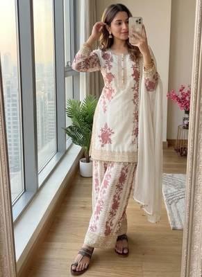 White georgette readymade suit with embroidery & sequence work 2