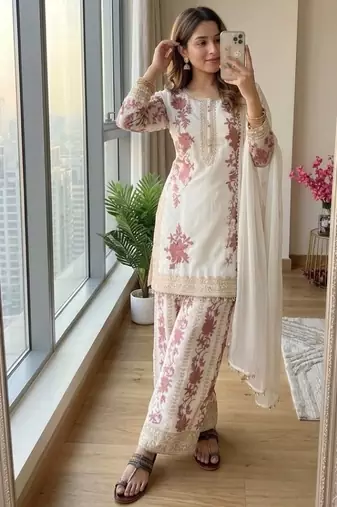 White georgette readymade suit with embroidery & sequence work