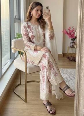 White georgette readymade suit with embroidery & sequence work 3