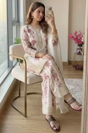 White georgette readymade suit with embroidery & sequence work