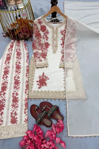 White georgette readymade suit with embroidery & sequence work