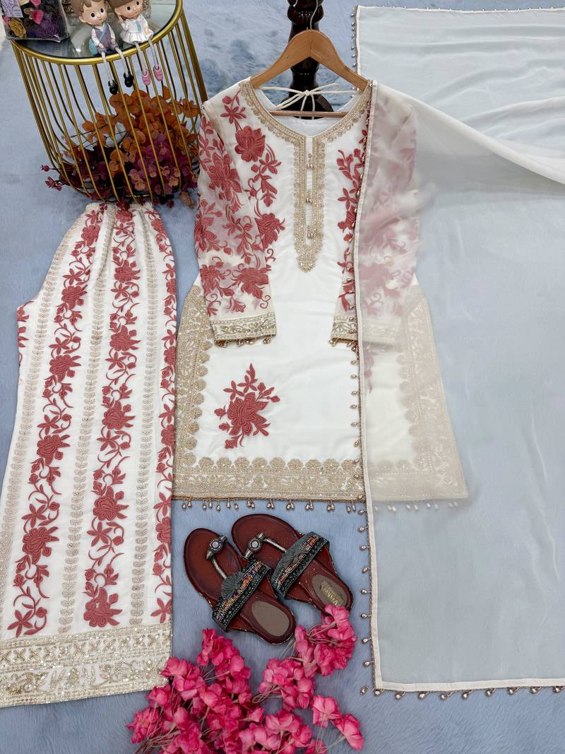 White georgette readymade suit with embroidery & sequence work