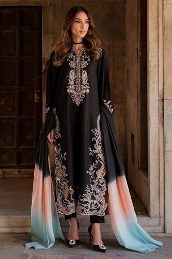 Black rayon readymade suit with embroidery & cut work