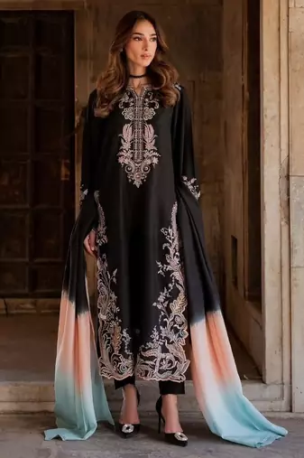Black rayon readymade suit with embroidery & cut work