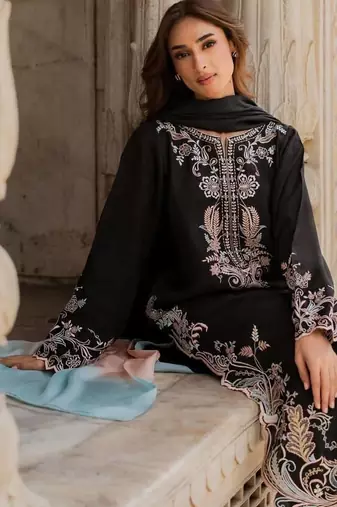 Black rayon readymade suit with embroidery & cut work
