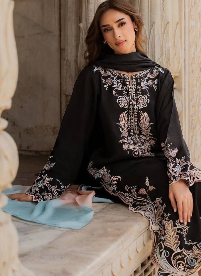 Black rayon readymade suit with embroidery & cut work