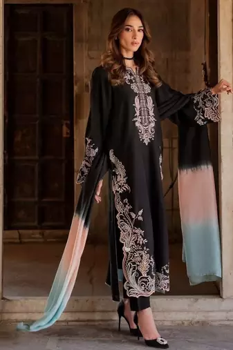 Black rayon readymade suit with embroidery & cut work