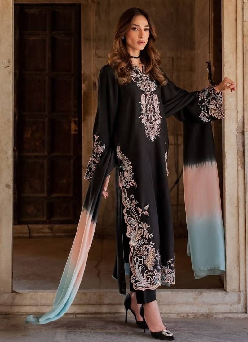 Black rayon readymade suit with embroidery & cut work