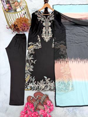 Black rayon readymade suit with embroidery & cut work 4