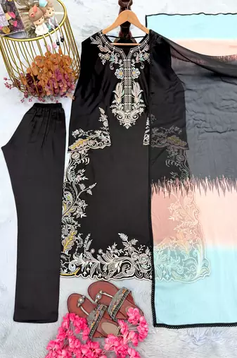 Black rayon readymade suit with embroidery & cut work