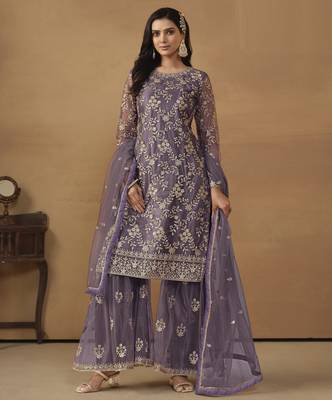 majestic purple embroidered net semi-stitched sharara salwar suit 1