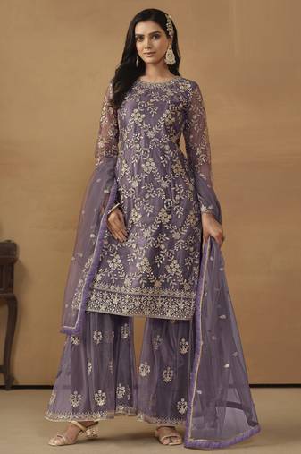majestic purple embroidered net semi-stitched sharara salwar suit