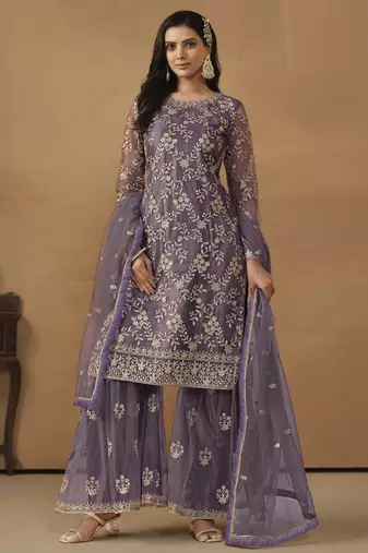 majestic purple embroidered net semi-stitched sharara salwar suit
