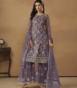 majestic purple embroidered net semi-stitched sharara salwar suit