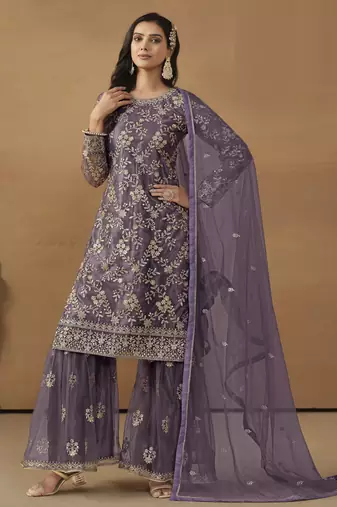 majestic purple embroidered net semi-stitched sharara salwar suit