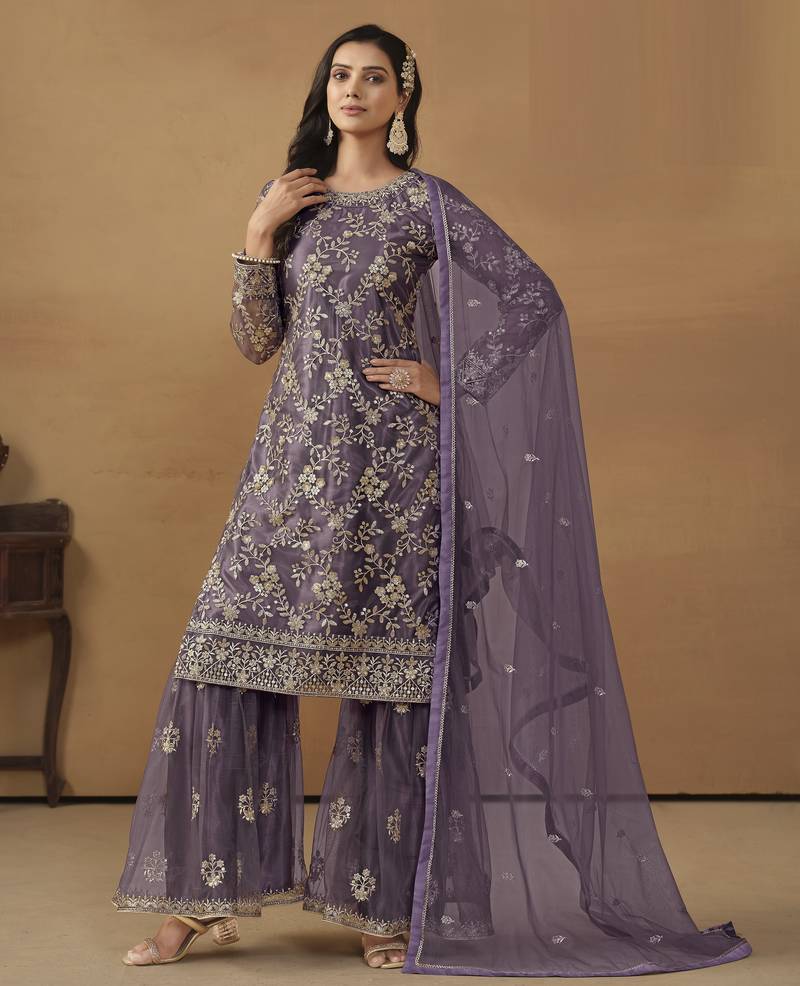 majestic purple embroidered net semi-stitched sharara salwar suit