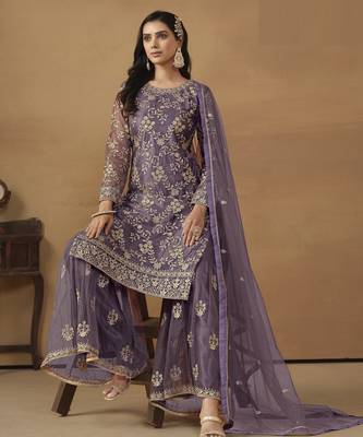 majestic purple embroidered net semi-stitched sharara salwar suit 3