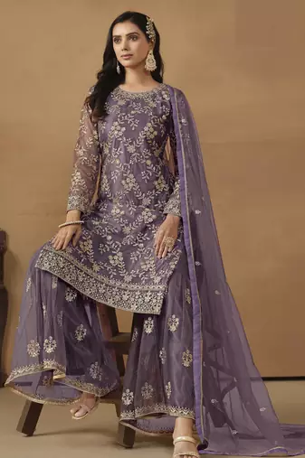majestic purple embroidered net semi-stitched sharara salwar suit