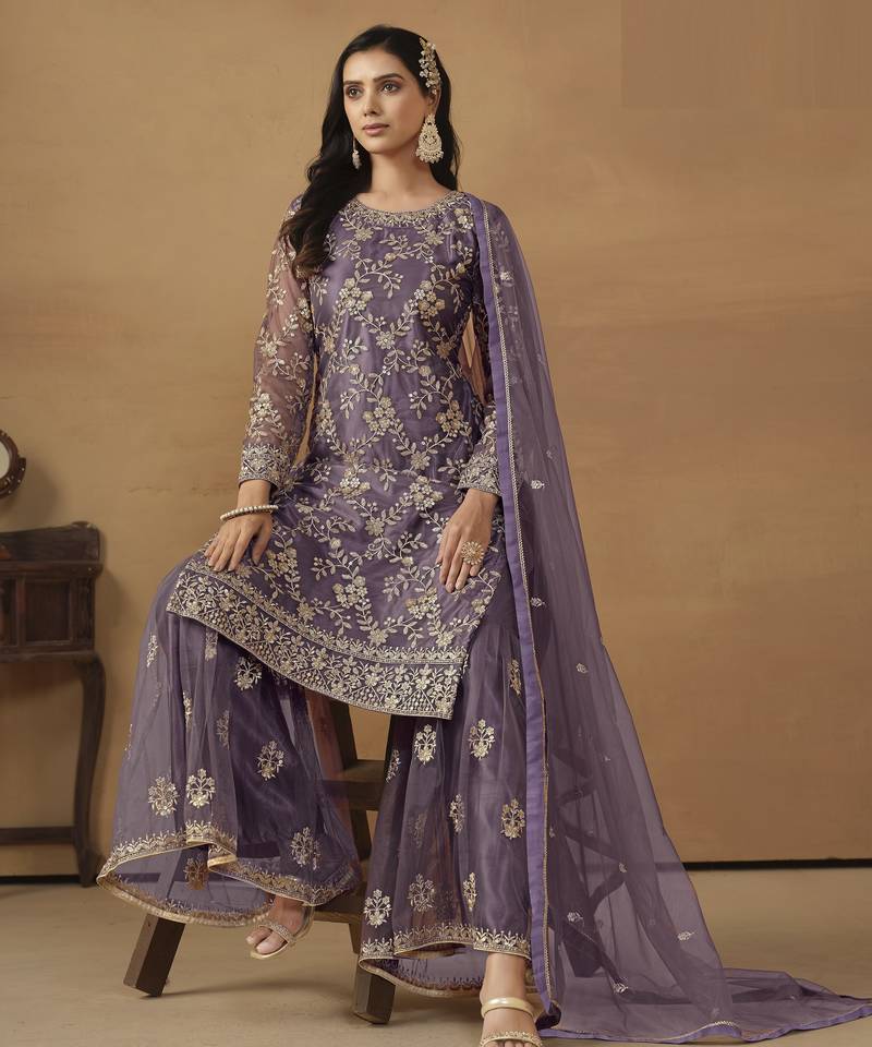 majestic purple embroidered net semi-stitched sharara salwar suit