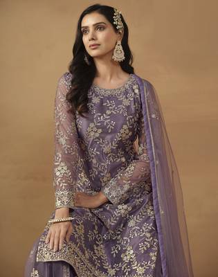 majestic purple embroidered net semi-stitched sharara salwar suit 4