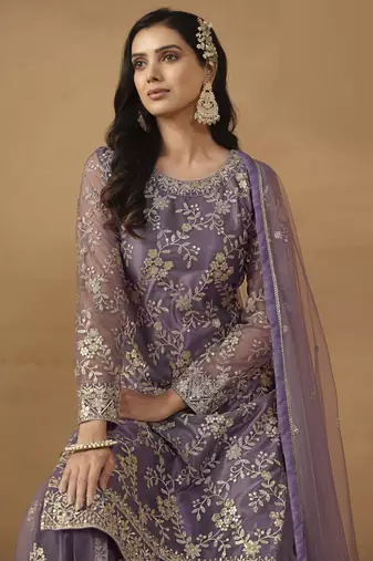 majestic purple embroidered net semi-stitched sharara salwar suit