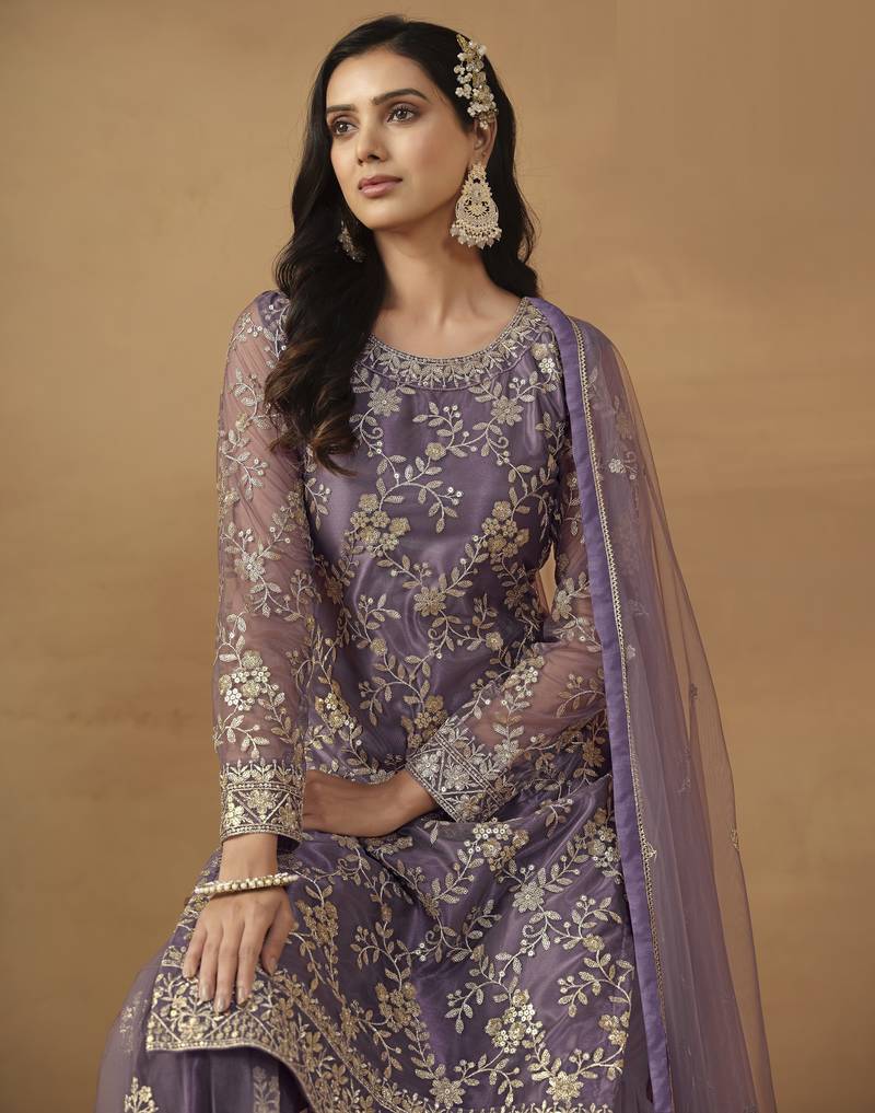 majestic purple embroidered net semi-stitched sharara salwar suit