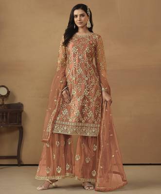 rust orange embroidered net sharara salwar suit 1