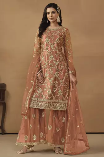 rust orange embroidered net sharara salwar suit