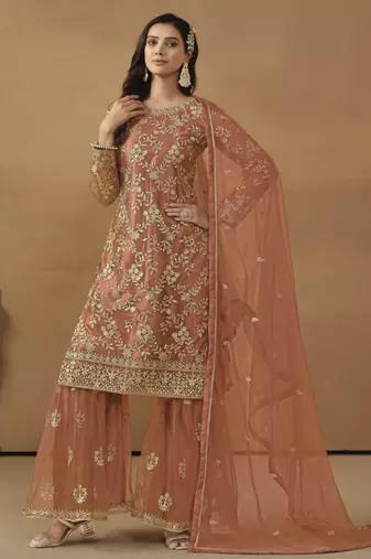 rust orange embroidered net sharara salwar suit