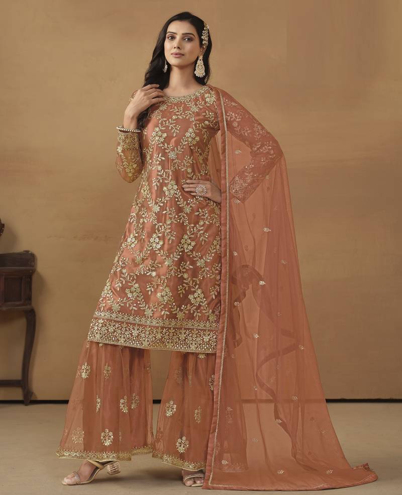 rust orange embroidered net sharara salwar suit