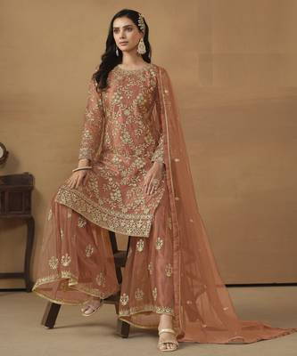 rust orange embroidered net sharara salwar suit 3