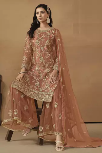 rust orange embroidered net sharara salwar suit