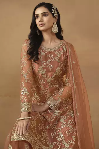 rust orange embroidered net sharara salwar suit