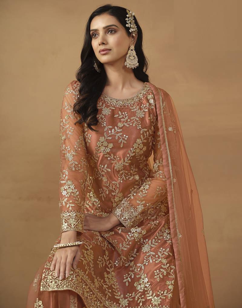 rust orange embroidered net sharara salwar suit