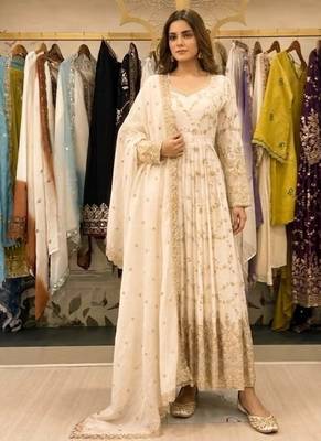 White chinon readymade anarkali suit with embroidery & sequence work 1