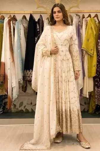 White chinon readymade anarkali suit with embroidery & sequence work