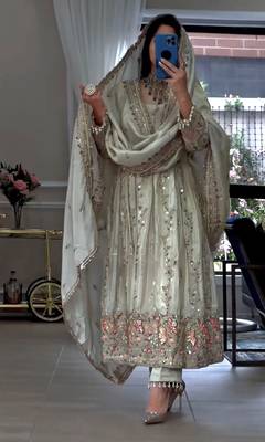 White silk blend readymade anarkali suit with embroidery & sequence work 1