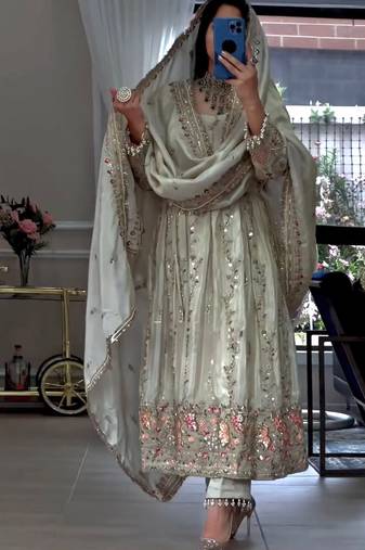 White silk blend readymade anarkali suit with embroidery & sequence work