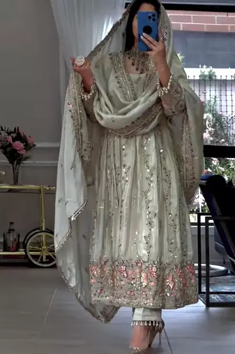 White silk blend readymade anarkali suit with embroidery & sequence work
