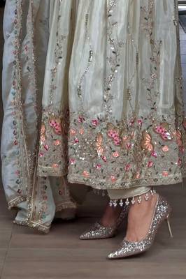 White silk blend readymade anarkali suit with embroidery & sequence work 2