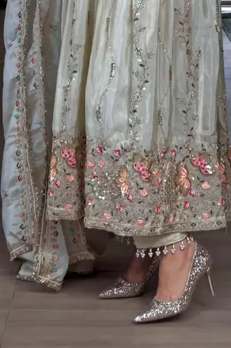 White silk blend readymade anarkali suit with embroidery & sequence work