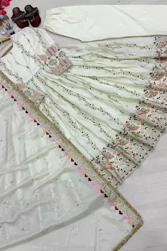 White silk blend readymade anarkali suit with embroidery & sequence work