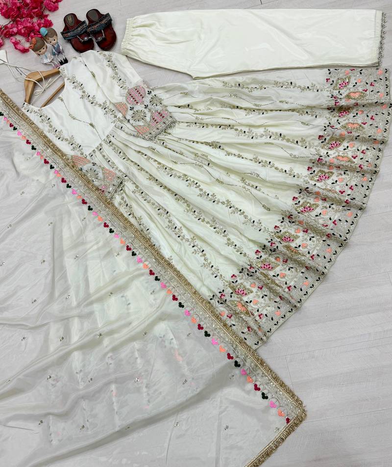 White silk blend readymade anarkali suit with embroidery & sequence work