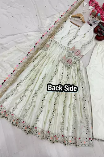 White silk blend readymade anarkali suit with embroidery & sequence work