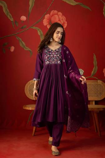 Wine embroidered roman anarkali kurta pant & banarasi jacquard dupatta set