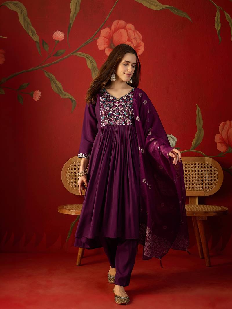 Wine embroidered roman anarkali kurta pant & banarasi jacquard dupatta set