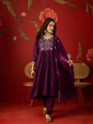 Wine embroidered roman anarkali kurta pant & banarasi jacquard dupatta set 1