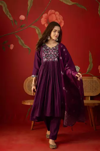 Wine embroidered roman anarkali kurta pant & banarasi jacquard dupatta set